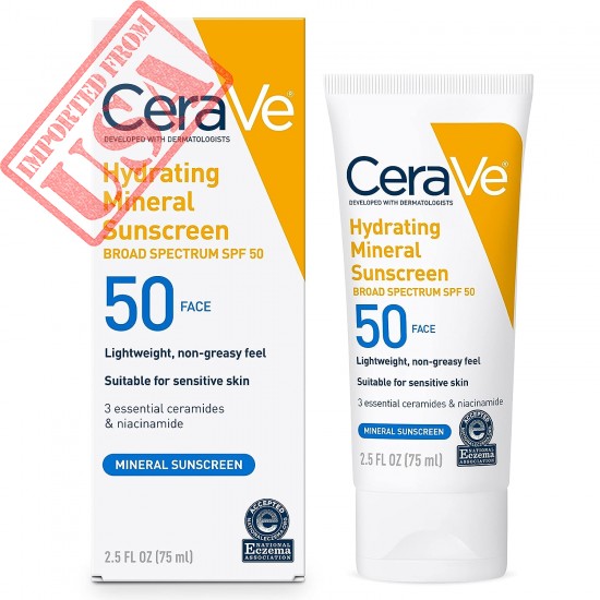 CeraVe 100% Mineral Sunscreen SPF 50 | Face Sunscreen with Zinc Oxide & Titanium Dioxide for Sensitive Skin | With Hyaluronic Acid, Niacinamide, and Ceramides | 2.5 oz