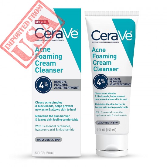 CeraVe Acne Foaming Cream Cleanser | Acne Treatment Face Wash with 4% Benzoyl Peroxide, Hyaluronic Acid, and Niacinamide | Cream to Foam Formula | Fragrance Free & Non Comedogenic | 5 Oz