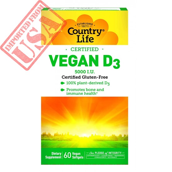 Country Life Vegan D3 5000 IU - 60 Softgels - 100% Plant-derived - Promotes Immune Health & Bones