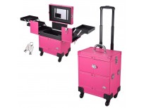 AW Pink Rolling Makeup Train Case Artist Beauty Trolley Cosmetic Organizer Box Handle Mirror 4 360-degreed Wheels