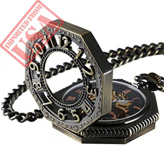 Carrie Hughes Steampunk Vintage Gold Tone Octagon Skeleton Mechanical Pocket Watch with Chain Christmas Gifts CHPW02