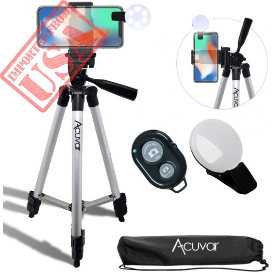 Acuvar 50" Inch Aluminum Camera Tripod with Universal Smartphone Mount + Wireless Remote Control Camera Shutter + LED Selfie Light For iPhone 11, 11 Pro, 11 Pro Max, Xs, Max, Xr, X, 8, 8+, Pixel 3, XL