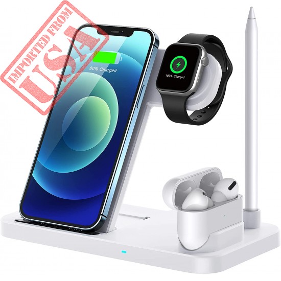 QI-EU Wireless Charger, 4 in 1 Fast Wireless Charging Station Compatible with Apple Watch Airpods Pro iPhone 12/12 Pro/11/11 Pro/8/X, Wireless Charging Stand Compatible with Samsung