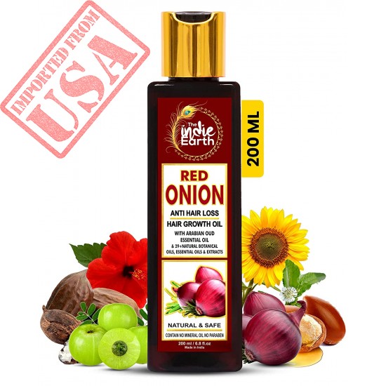 THE INDIE EARTH RED ONION ANTI HAIR LOSS & HAIR GROWTH OIL WITH PURE ARGAN, JOJOBA, ROSEMARY, BLACK SEED OIL IN PUREST FORM VERY EFFECTIVELY CONTROL HAIR LOSS, PROMOTES HAIR GROWTH 200ml