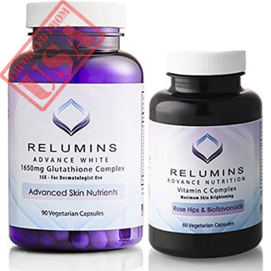 Relumins Advanced White Dermatologic Set - 1650mg Glutathione Complex and Advanced Vitamin C with Rose Hips and Bioflavanoids (1 Month Supply) - Cutting Edge Formula, Unbelievable Results!