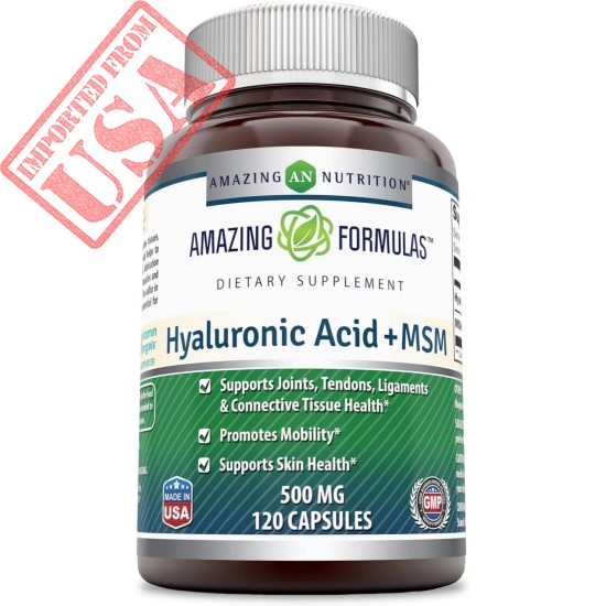 Amazing Nutrition Hyaluronic Acid & MSM Dietary Supplement - 500 Milligrams - 120 Capsules - Provides Joint, Tendon & Ligament Support - Promotes Flexibility – Skin Health Supplements