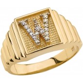 Men's 10k Yellow Gold Layered Band Square Face Diamond Initial Letter W Ring