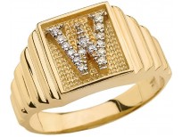 Men's 10k Yellow Gold Layered Band Square Face Diamond Initial Letter W Ring