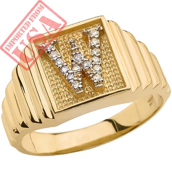 Men's 10k Yellow Gold Layered Band Square Face Diamond Initial Letter W Ring