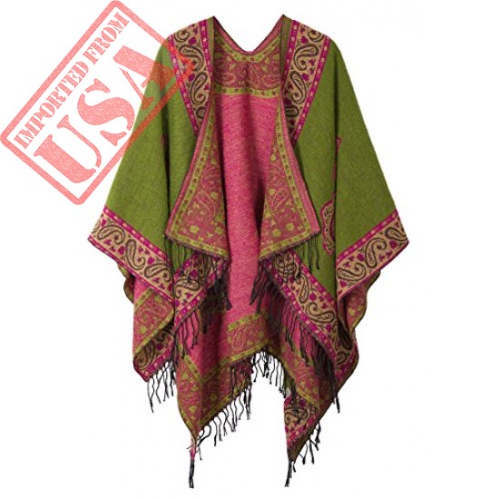 Buy Fashionable Retro Style Vintage Pattern Tassel Poncho Shawl for Women imported from USA