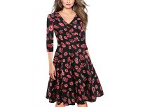 oxiuly Women's Vintage V-Neck 3/4 Sleeve Floral Casual Cocktail Party Swing Dress OX233 (S, Red Long)