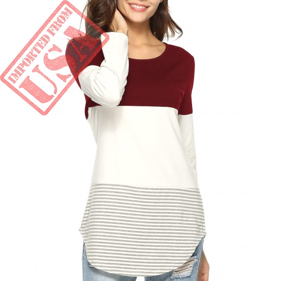 Aliex Women's Tunic Top Casual Long Sleeve T-Shirt Color Block Red S