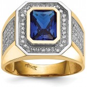 14k Yellow Gold Emerald-cut Blue Cubic Zirconia Mens Ring 