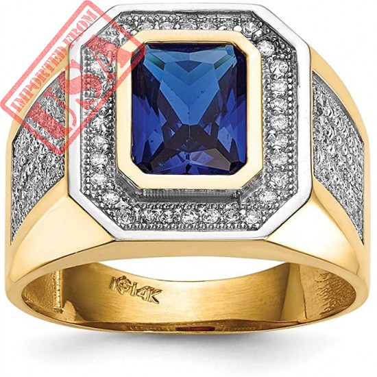 14k Yellow Gold Emerald-cut Blue Cubic Zirconia Mens Ring 