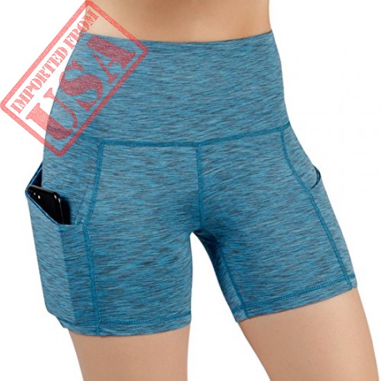 ODODOS High Waist Out Pocket Yoga Short Tummy Control Workout Running Athletic Non See-Through Yoga Shorts,SpaceDyeBlue,Small