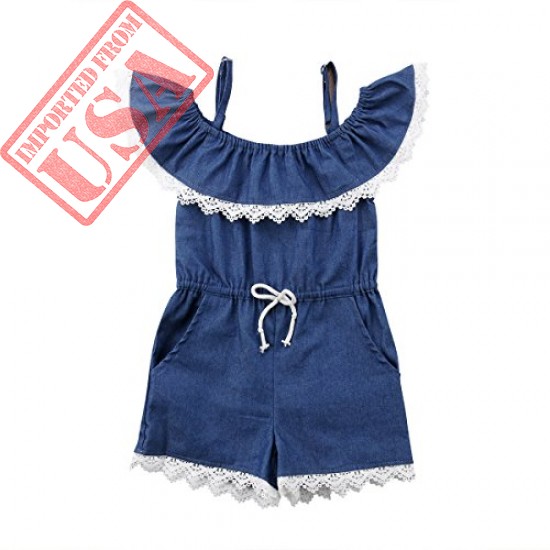 Toddler Little Girl Demin Off Shoulder Ruffle Pocket Romper Jumpsuit Clothes Set 