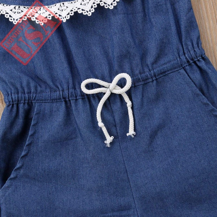 Toddler Little Girl Demin Off Shoulder Ruffle Pocket Romper Jumpsuit Clothes Set 