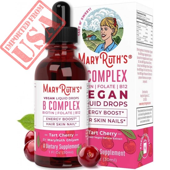 Vegan Vitamin B Complex Liquid by MaryRuth's - Hair Skin Nails Energy - Methyl B12 Folate Biotin Niacin Vitamin B3, 6, 7, 9, 12 - Tart Cherry - Glass 1oz