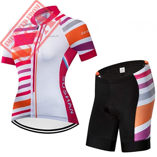 DETAIWIN Women's Short Sleeve Cycling Jersey Gel Padded Shorts Set Road Biking Quick-Dry Reflective Sportswear