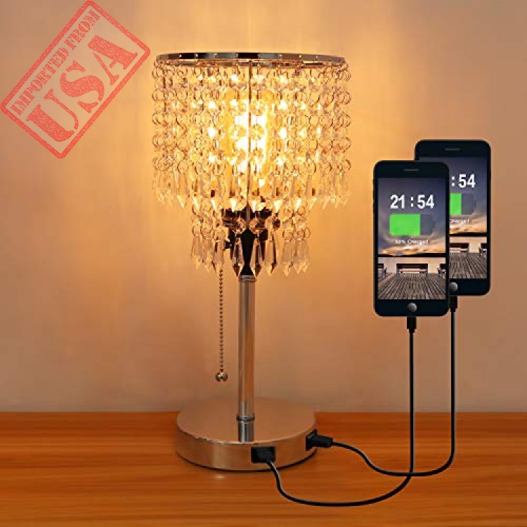 Beautiful Silver Crystal Bedside Table Desk Lamp with Dual USB Charging