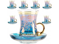 Vintage Turkish Tea Glasses Cups and Saucers Set of 6 with Handle Gold Decors for Serving and Drinking Housewarming Gift for Home 3.45 oz (100 ml) (Art Design1)