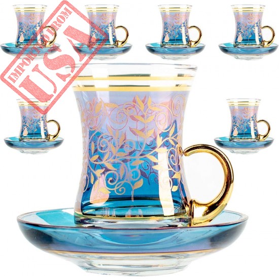 Vintage Turkish Tea Glasses Cups and Saucers Set of 6 with Handle Gold Decors for Serving and Drinking Housewarming Gift for Home 3.45 oz (100 ml) (Art Design1)