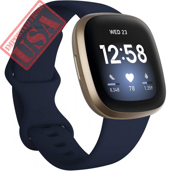 Fitbit Versa 3 Health & Fitness Smartwatch with GPS, 24/7 Heart Rate, Alexa Built-in, 6+ Days Battery, Midnight Blue/Gold, One Size (S & L Bands Included)