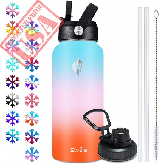 Elvira 32oz Vacuum Insulated Stainless Steel Water Bottle with Straw & Spout Lids, Double Wall Sweat-proof BPA Free to Keep Beverages Cold For 24 Hrs or Hot For 12 Hrs