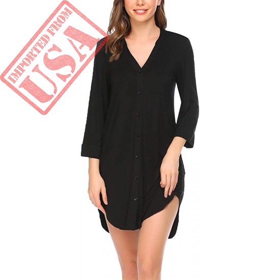 Ekouaer Women's Nightgown Striped Sleepwear 3/4 Sleeves Nightshirts Soft Button Sleep Dress