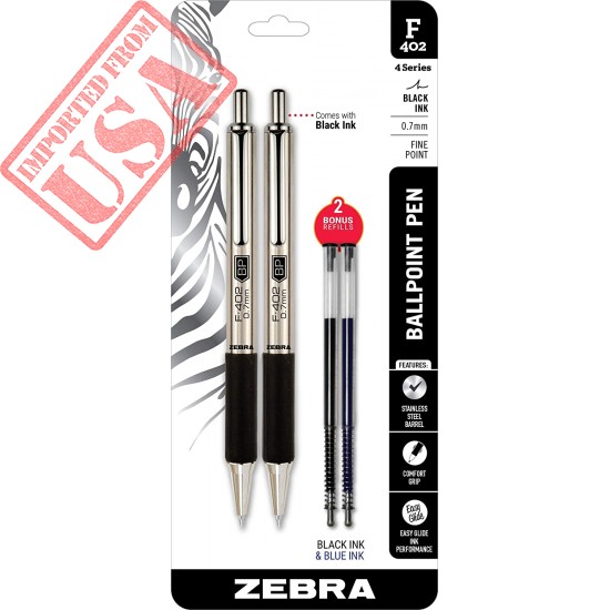 Zebra Pens Fine Point F-402 Ballpoint Stainless Steel Pen, 0.7mm Black Ink, 2 Black Ink Retractable Metal Pens with 2 Black Ink Refills in Pack, 0.7mm Fine Point Pens With .7 mm F402 Zebra Pen Refill.
