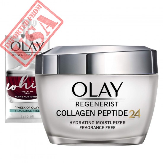 Olay Regenerist Collagen Peptide 24 Face Moisturizer with Vitamin B3, Fragrance Free, 1.7 Oz + Whip Face Moisturizer Travel/Trial Size Gift Set