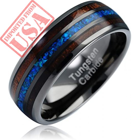 100S JEWELRY Gunmetal Tungsten Ring for Men Koa Wood Blue Opal Inlaid Wedding Band Promise Size 6-16