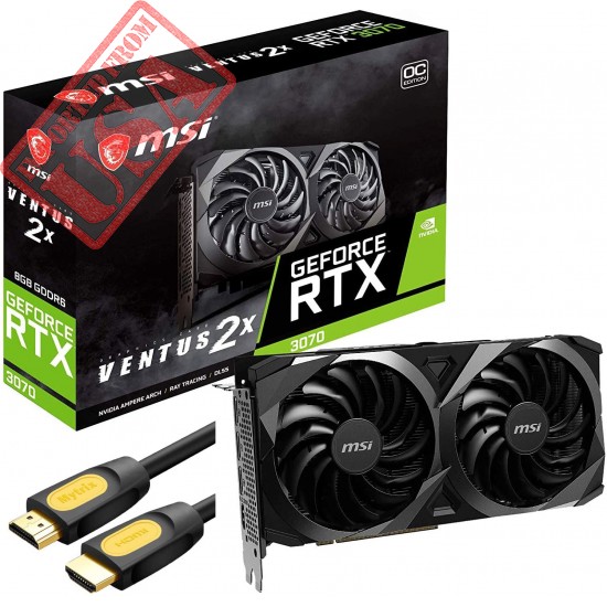 MSI GeForce RTX 3070 Ventus 2X OC Gaming Graphics Card, 8GB GDDR6, Ray Tracing, VR Ready, PCIe 4.0, 3X DisplayPort 1.4, 1x HDMI 2.1 8K, TORX Fan 3.0, Overclocked, Mytrix HDMI Cable