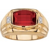 Palm Beach Jewelry Men's 18K Yellow Gold Plated Emerald Cut Created Red Ruby and Diamond Accent Ring