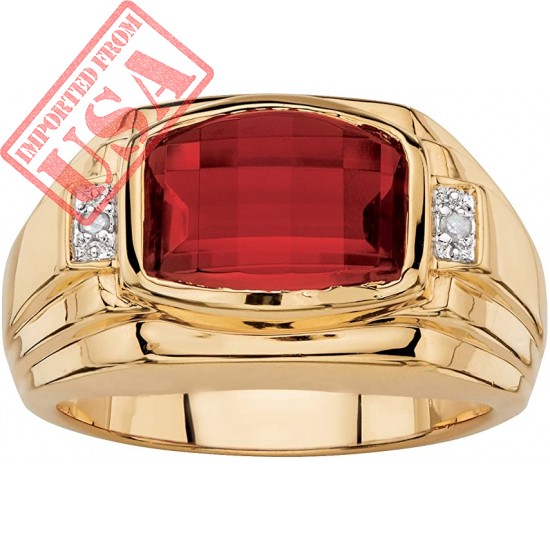 Palm Beach Jewelry Men's 18K Yellow Gold Plated Emerald Cut Created Red Ruby and Diamond Accent Ring