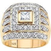 Men's 14K Yellow Gold over Sterling Silver Square Cut Cubic Zirconia Multi Row Ring