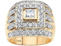 Men's 14K Yellow Gold over Sterling Silver Square Cut Cubic Zirconia Multi Row Ring