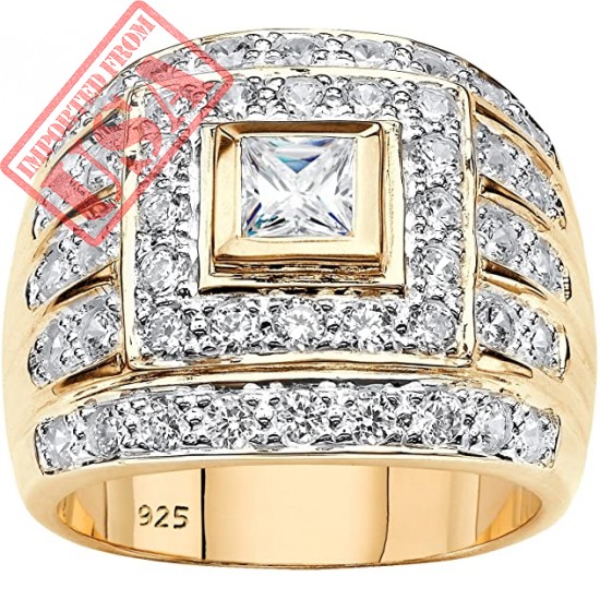 Men's 14K Yellow Gold over Sterling Silver Square Cut Cubic Zirconia Multi Row Ring